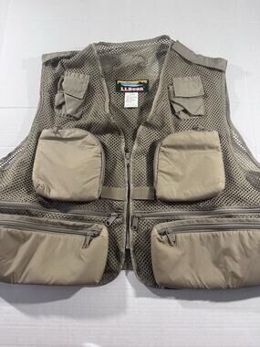 LL Bean Vintage Mesh Utility Fishing Vest Tan Khaki XL PM116B